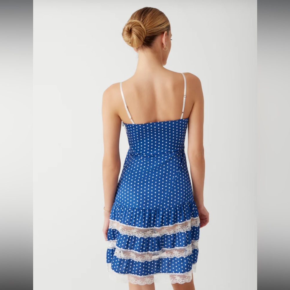 Frankie's Bikinis Blue Polka Dot Midi Dress with White Lace Trim - Picture 3 of 4